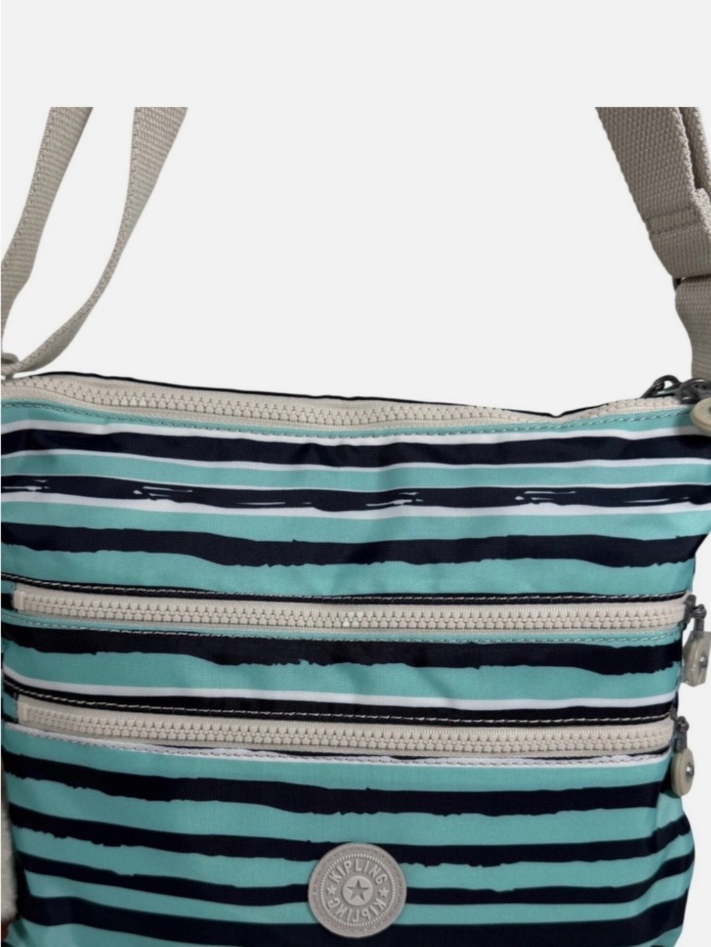 Kipling Aqua and Navy Striped Crossbody with Beige Strap